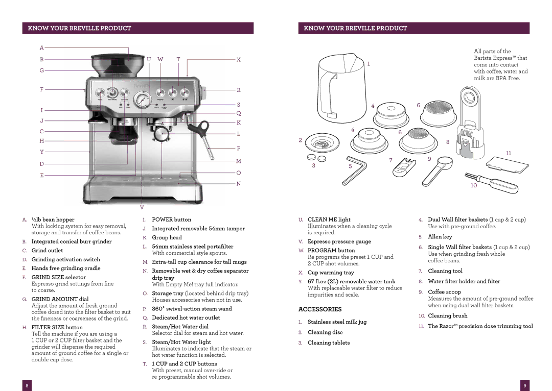 Breville BES870CBXL, BES870XL manual Accessories 