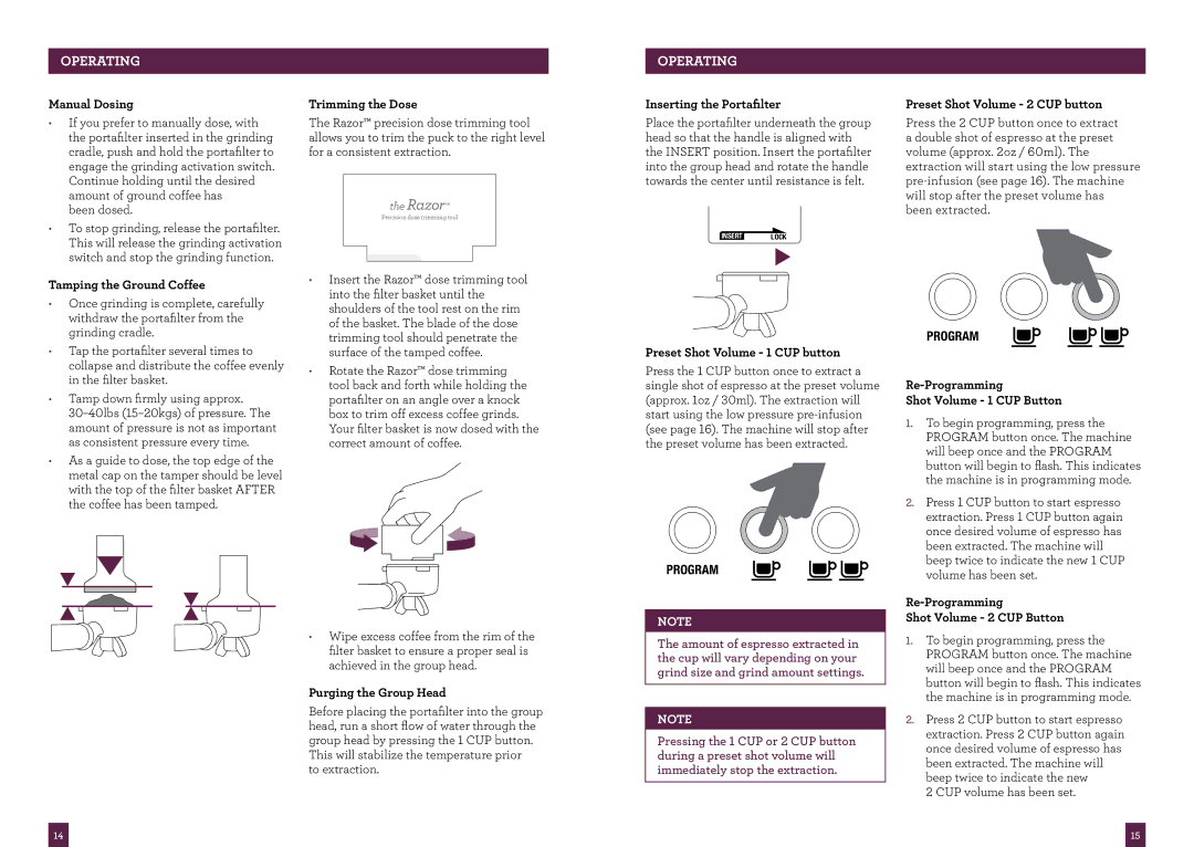 Breville BES870XL, BES870CBXL manual Manual Dosing, Tamping the Ground Coffee, Trimming the Dose, Purging the Group Head 