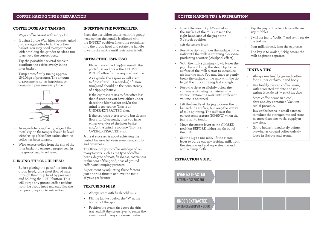 Breville BES900 brochure Extracting Espresso, Hints & Tips, Purging the Group Head, Texturing Milk 