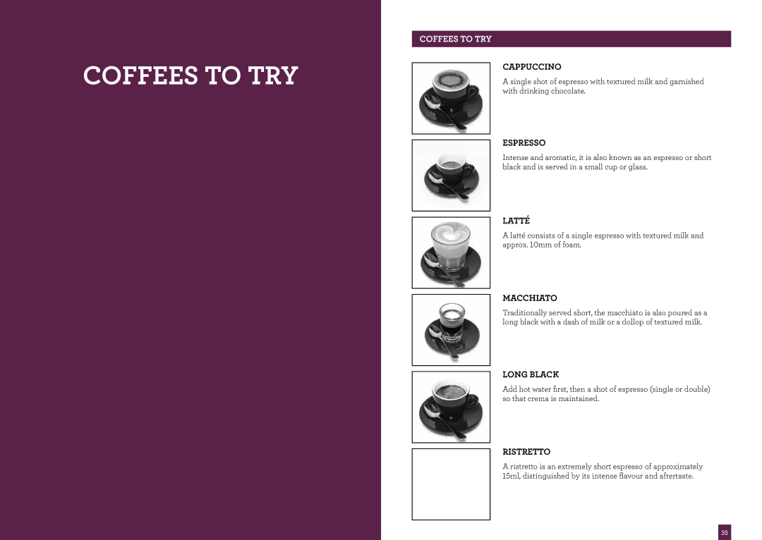 Breville BES900 brochure Coffees to TRY, Cappuccino, Espresso, Ristretto 