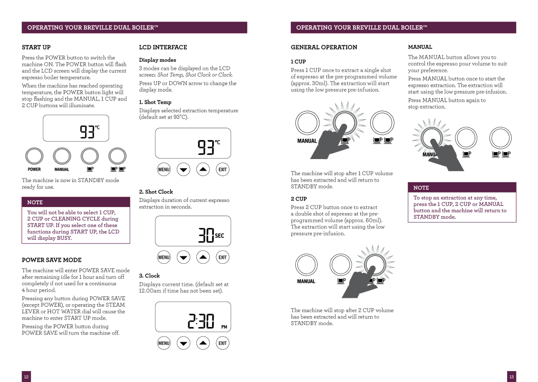 Breville BES900 brochure Start UP, General Operation, Power Save Mode, Shot Temp, Clock 