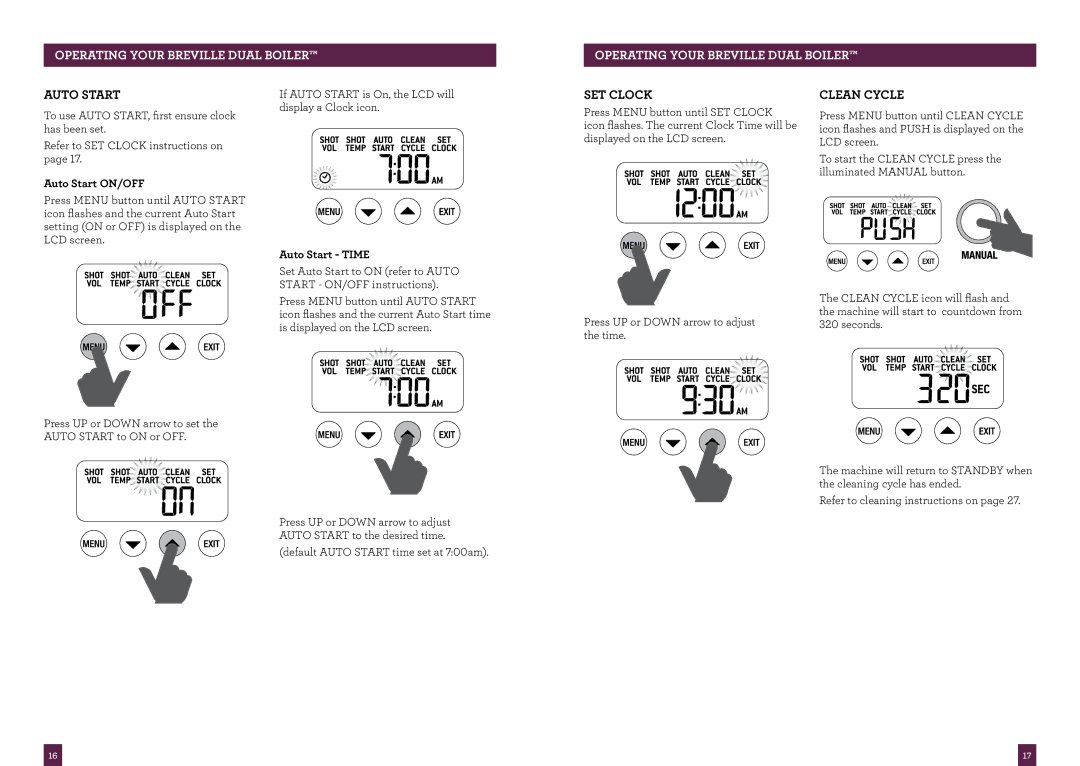 Breville BES900 brochure Set Clock, Clean Cycle, Auto Start ON/OFF, Auto Start Time 