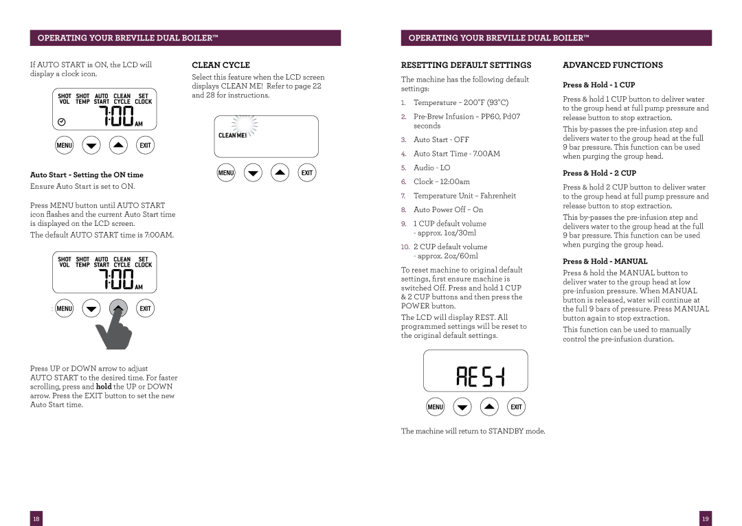 Breville BES900XL manual Clean Cycle, Resetting Default Settings, Advanced Functions 