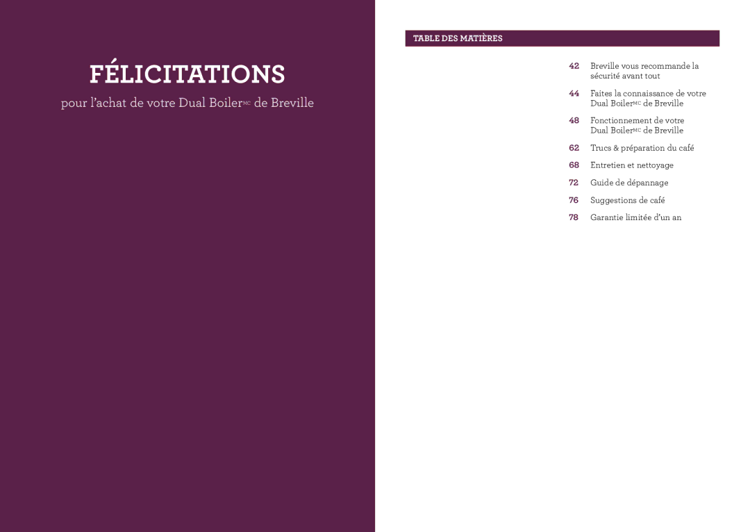 Breville BES900XL manual Félicitations, Table DES Matières 