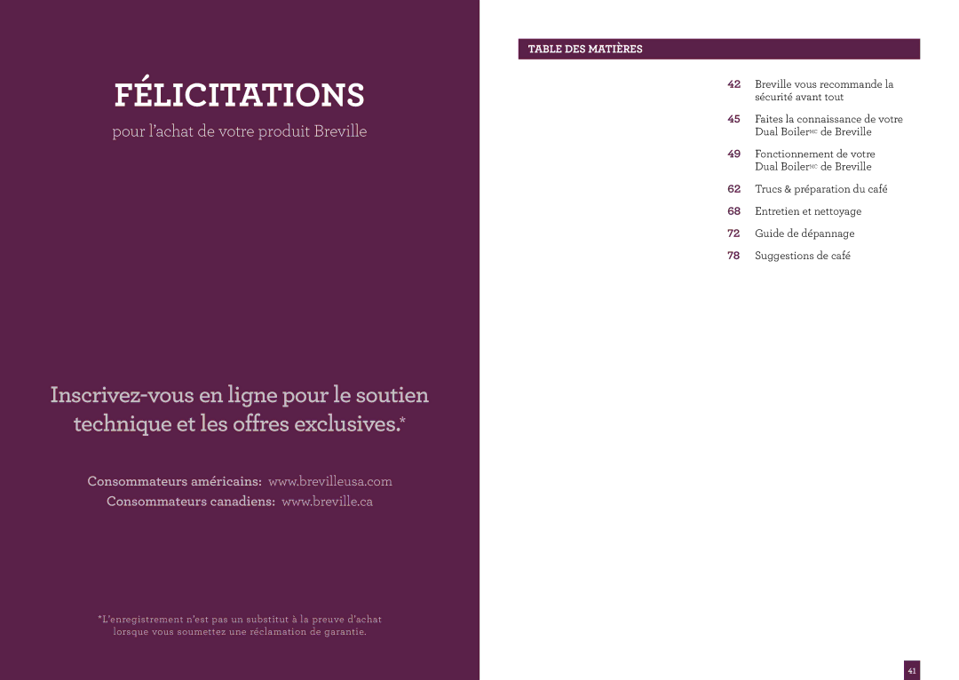 Breville BES900XL manual Félicitations, Table DES Matières 