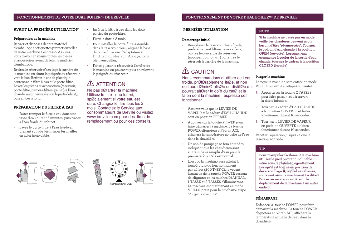 Breville BES900XL manual Avant LA Première Utilisation, Préparation DU Filtre À EAU, Démarrage 
