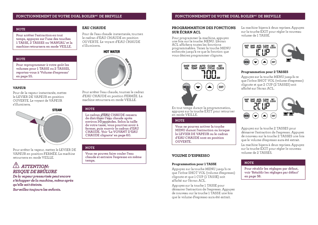 Breville BES900XL manual EAU Chaude, Programmation DES Fonctions SUR Écran ACL, Volume D’ESPRESSO, Vapeur 