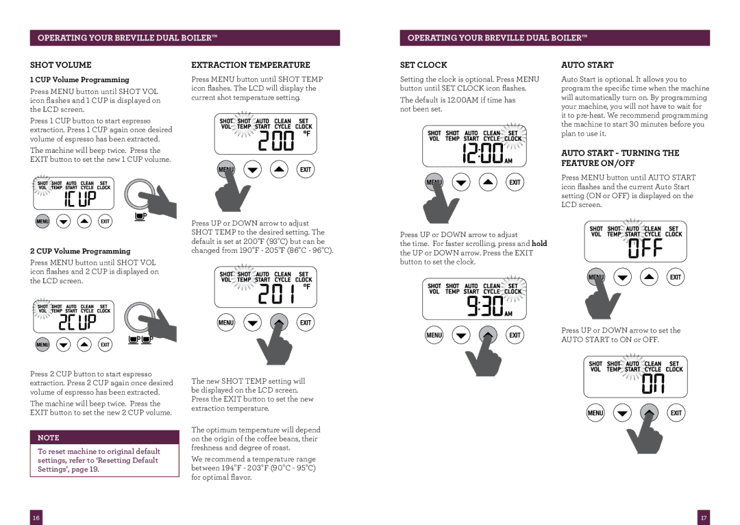 Breville BES900XL manual Shot Volume, Extraction temperature, Set Clock, Auto Start turning the feature ON/OFF 