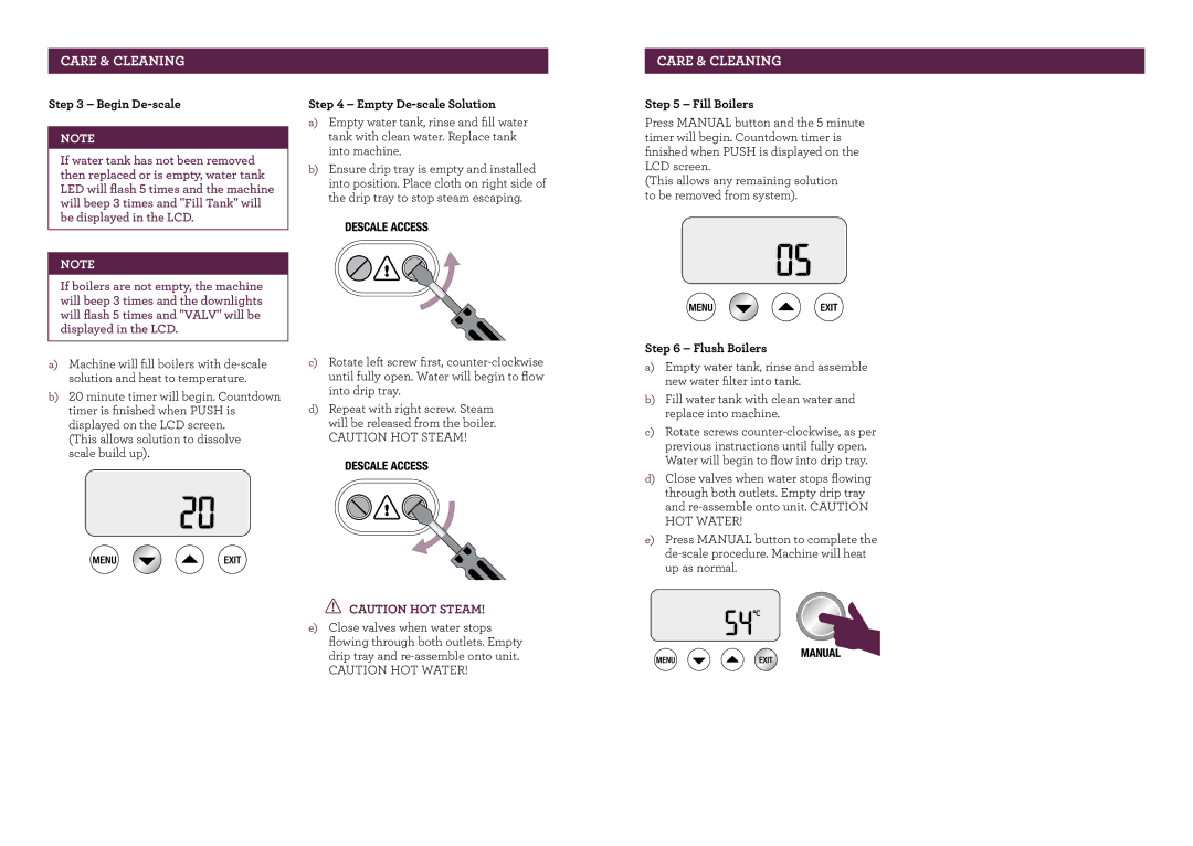 Breville BES920 brochure Begin De-scale 