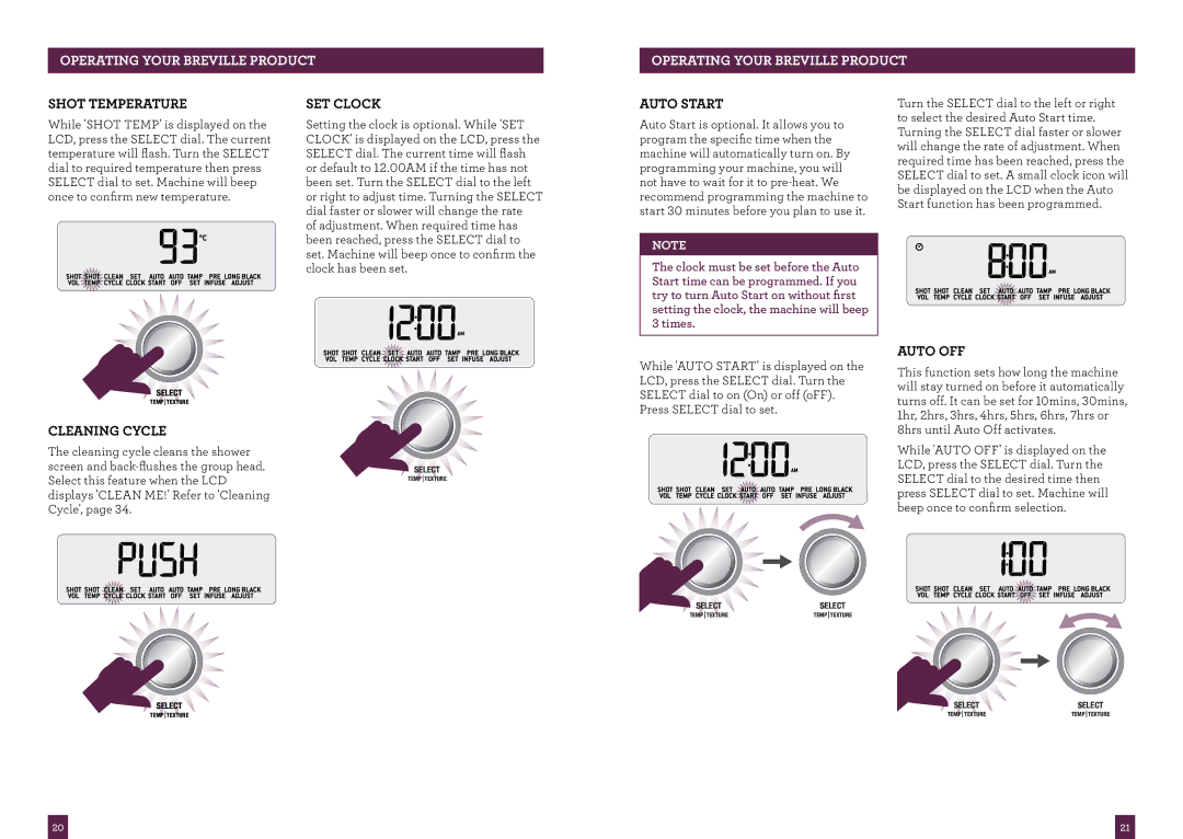 Breville BES980 brochure Shot Temperature, Set Clock, Auto Start, Auto Off, Cleaning Cycle 