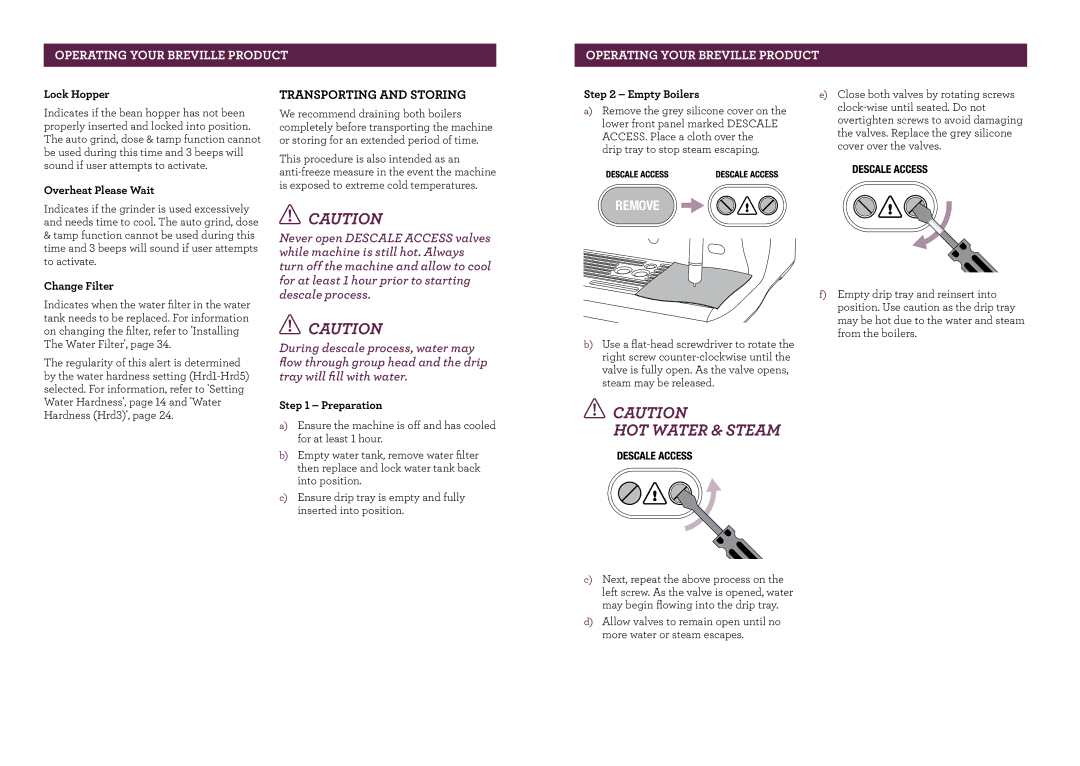 Breville BES980 brochure Transporting and storing 