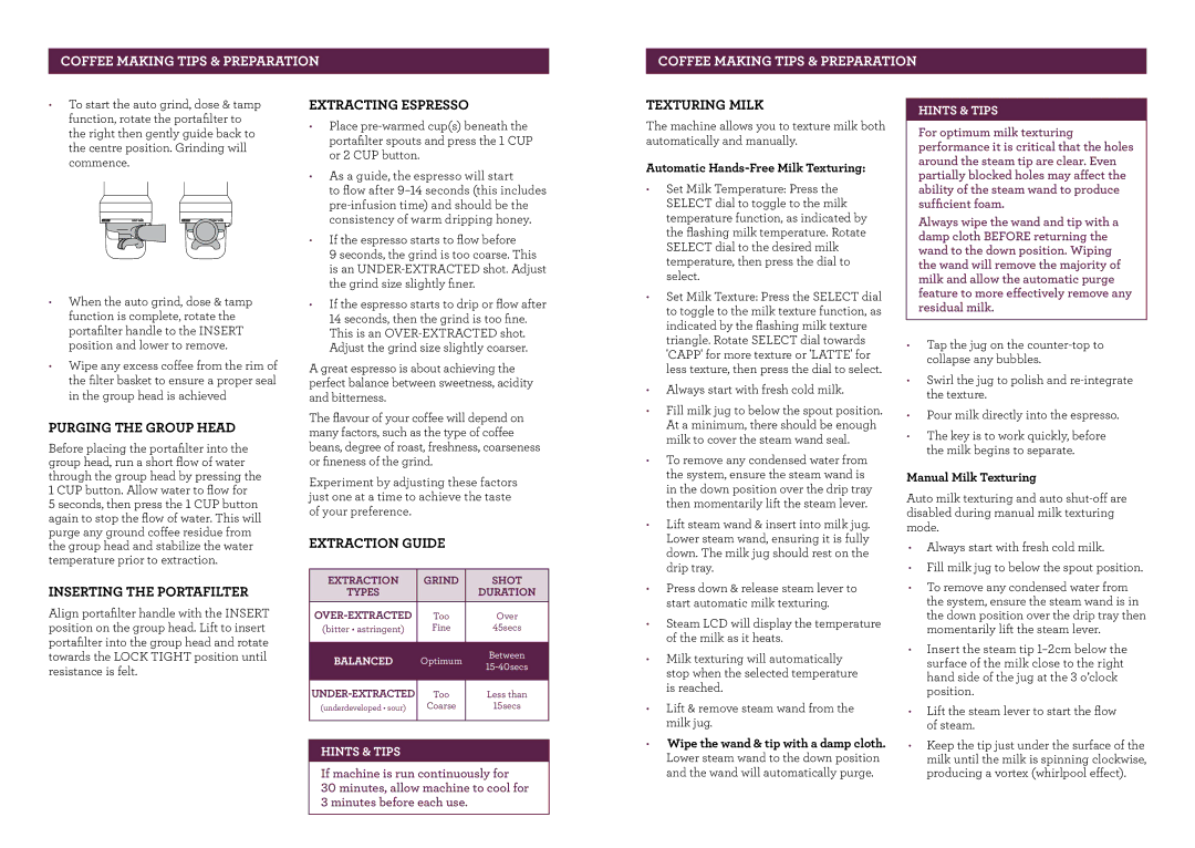 Breville BES980 brochure Purging the Group Head, Inserting the Portafilter, Extracting Espresso, Extraction Guide 