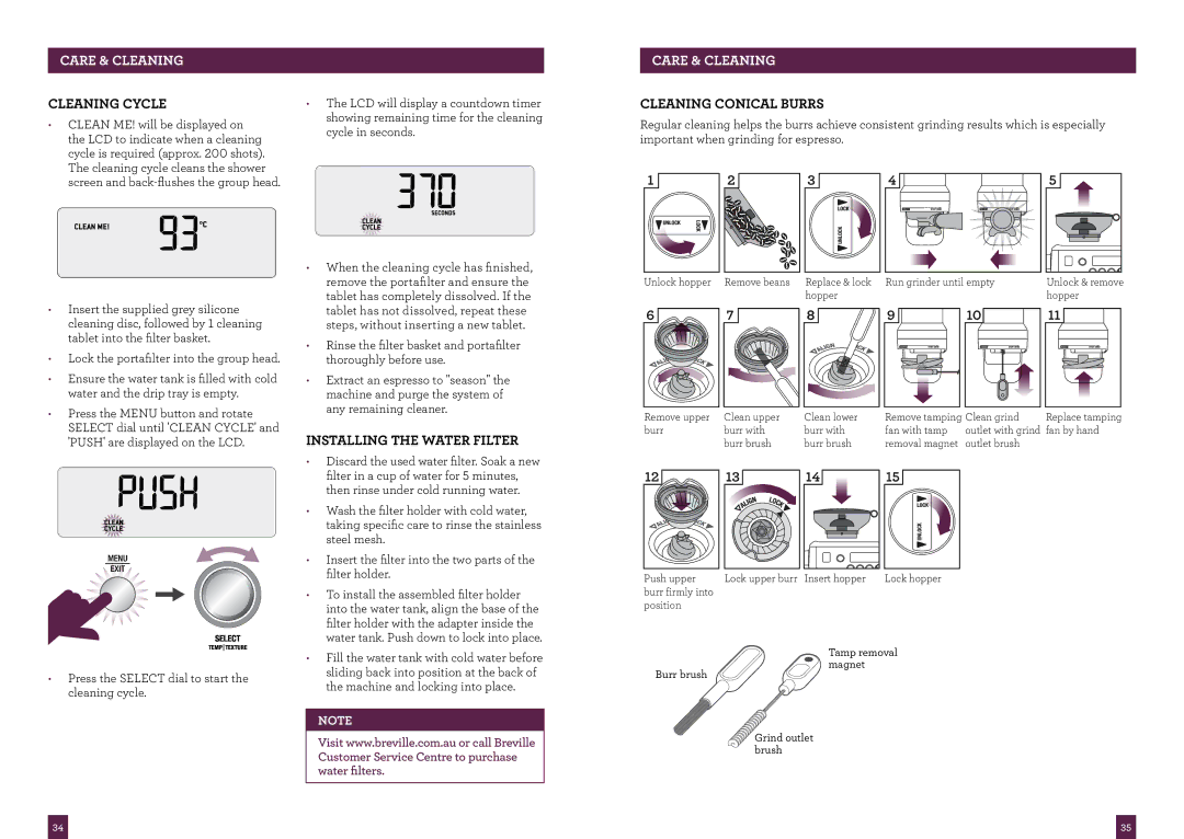 Breville BES980 brochure Care & Cleaning, Cleaning conical burrs 