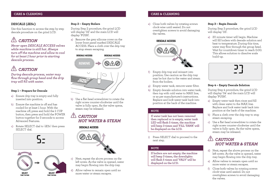 Breville BES980 brochure Descale dESc, Prepare for Descale, Begin Descale, Empty Descale Solution 