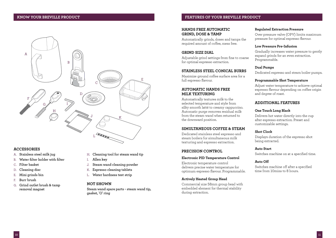 Breville BES980 brochure Hands Free Automatic GRIND, Dose & Tamp, Grind Size Dial, Stainless Steel Conical Burrs, Not Shown 