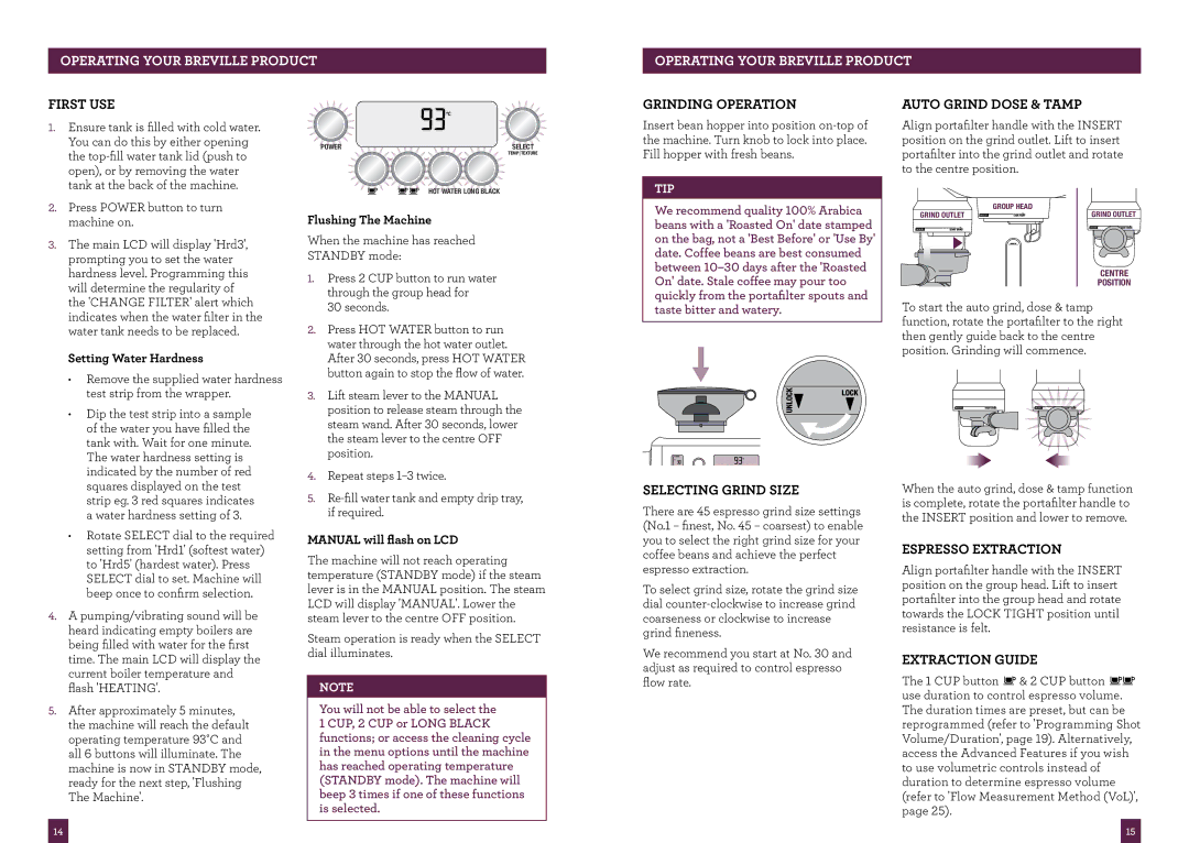 Breville BES980 brochure First USE, Grinding Operation, Auto Grind Dose & Tamp, Selecting Grind Size, Espresso Extraction 