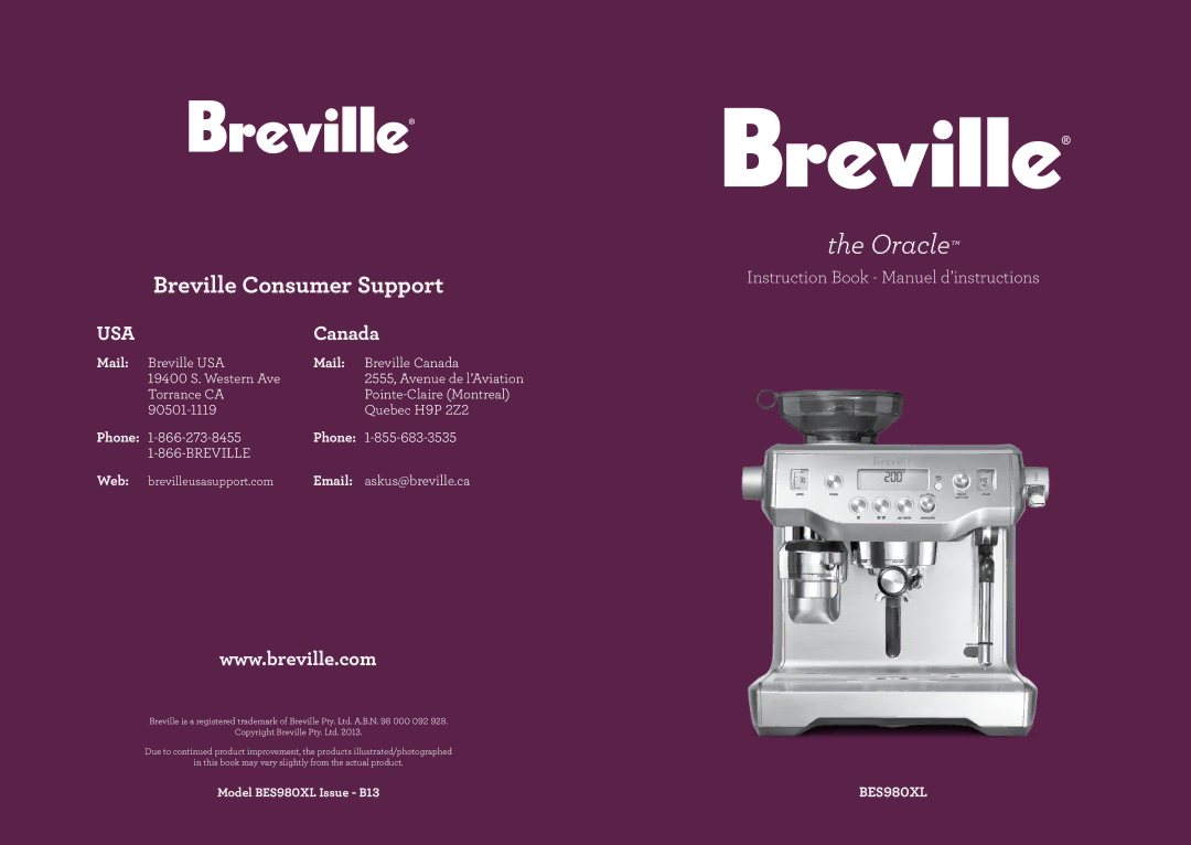 Breville The Oracle manual Breville Consumer Support, BES980XL 