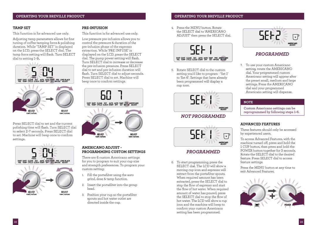 Breville BES980XL, The Oracle manual Tamp SET, Pre-Infusion, Advanced Features, Americano Adjust Programming Custom Settings 