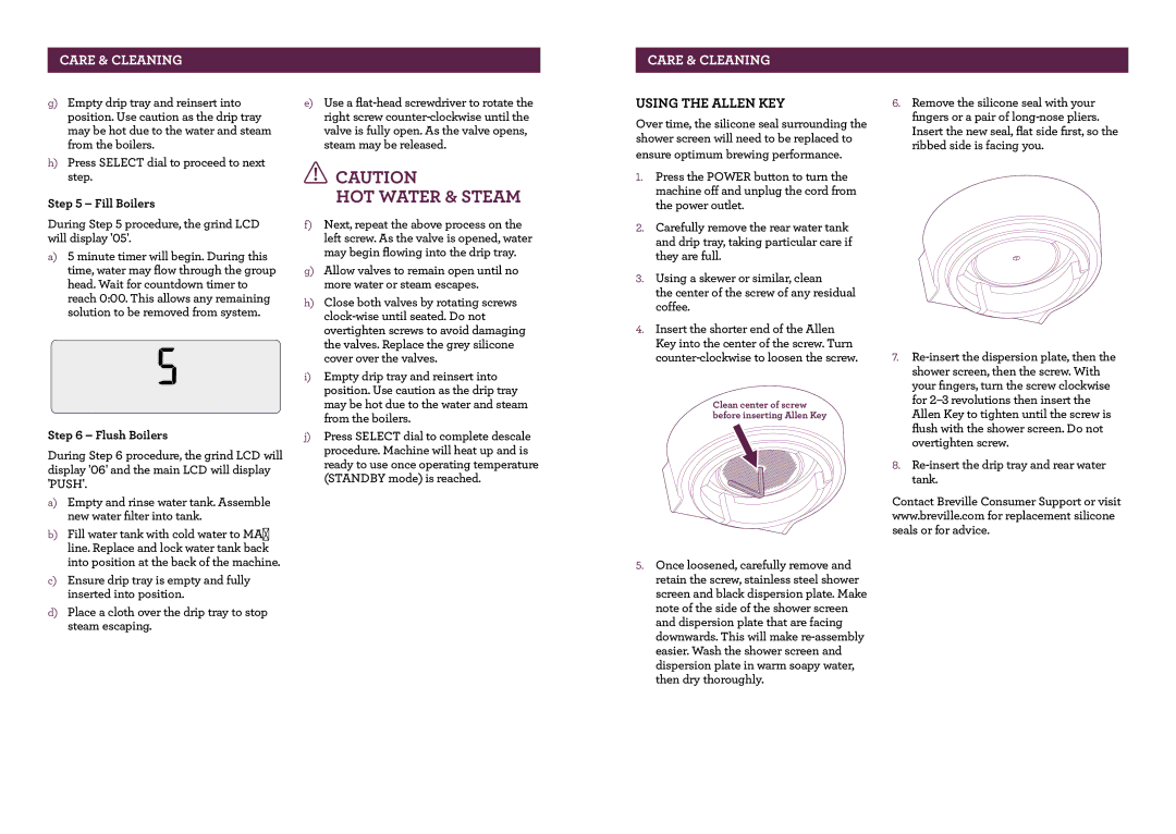 Breville The Oracle, BES980XL manual Using the Allen KEY, Fill Boilers, Flush Boilers 
