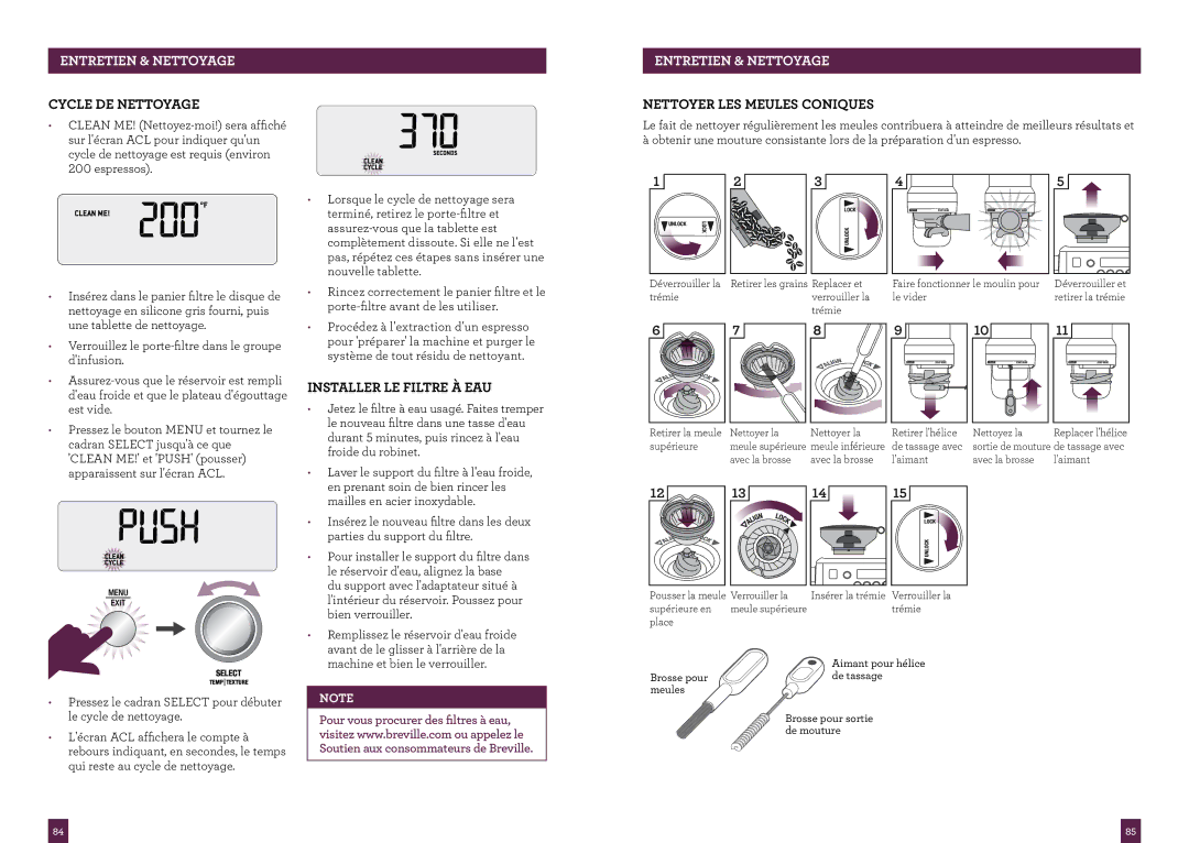 Breville The Oracle, BES980XL manual Entretien & Nettoyage, Nettoyer LES Meules Coniques, Installer LE Filtre À EAU 