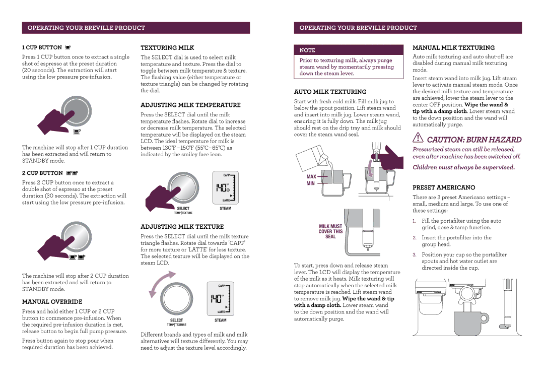 Breville The Oracle Manual Override, Texturing Milk, Adjusting Milk Temperature, Adjusting Milk Texture, Preset Americano 