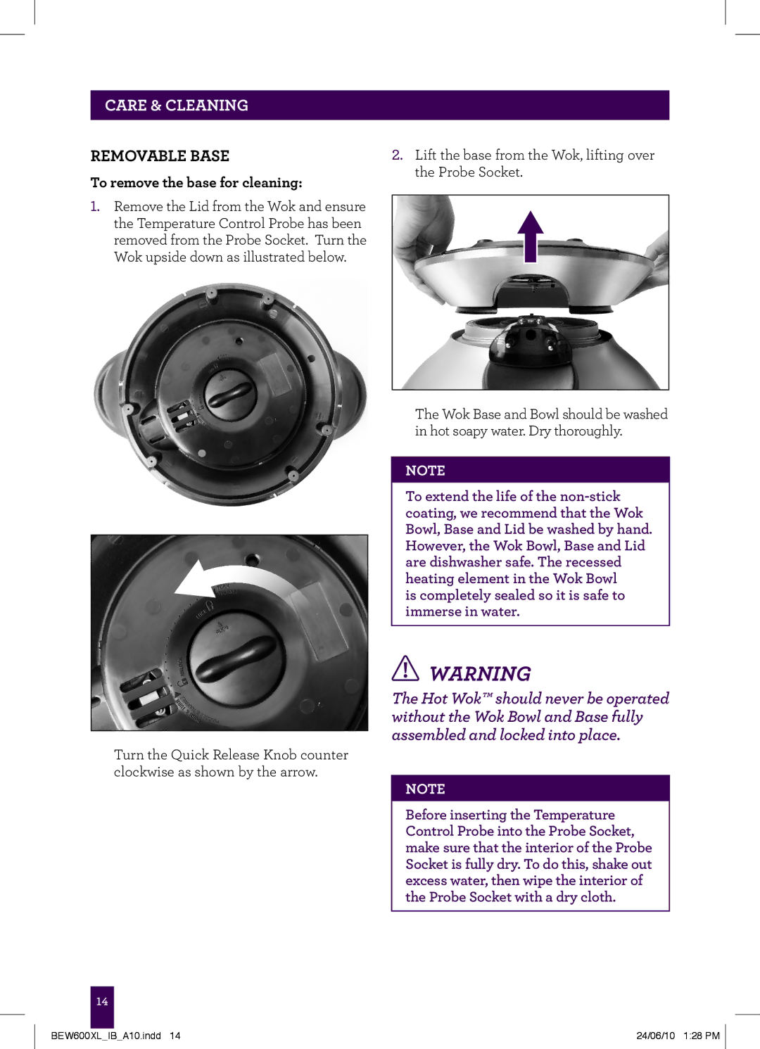 Breville BEW600XL manual Removable base, To remove the base for cleaning 