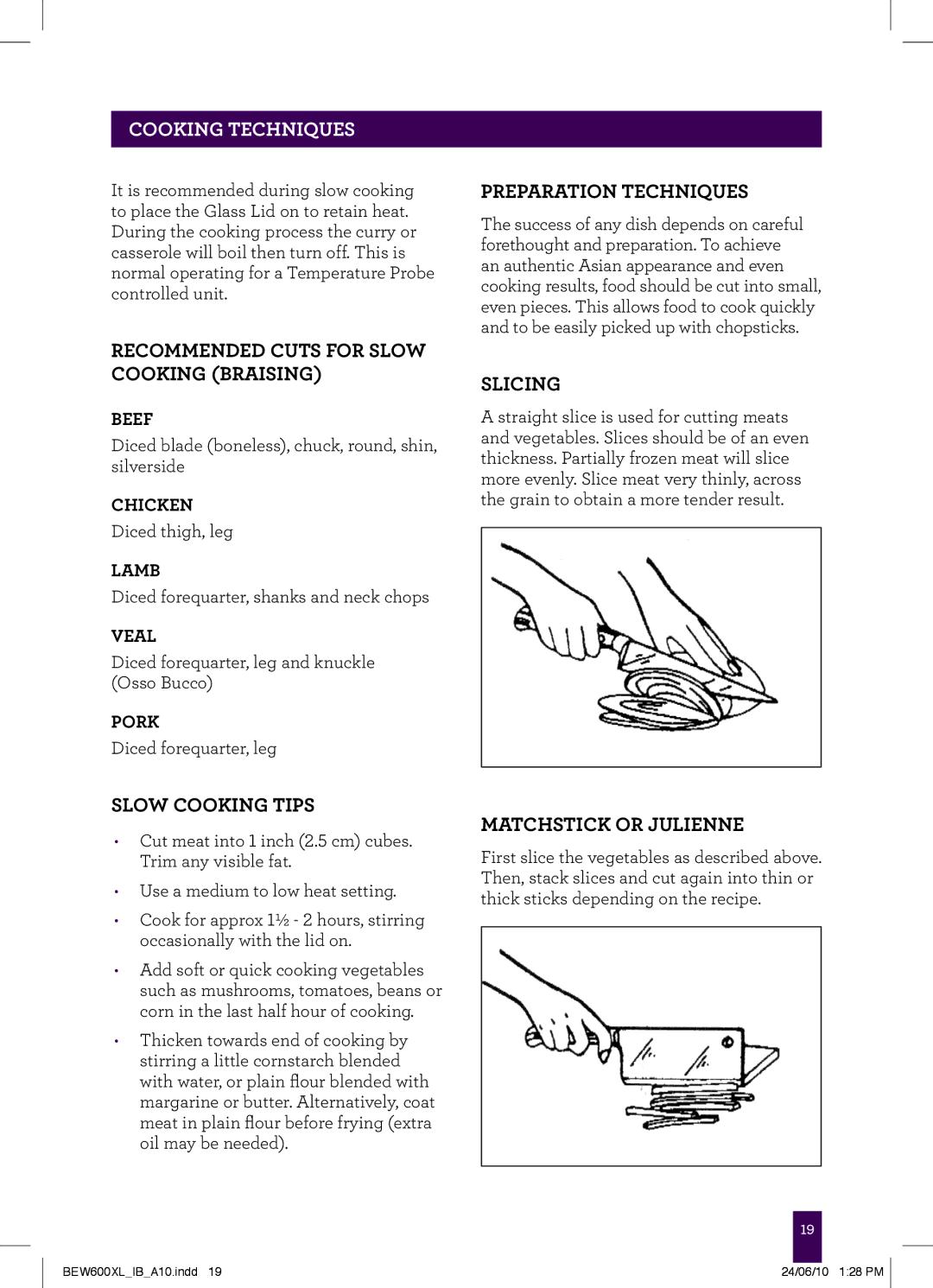 Breville BEW600XL manual Recommended cuts for slow cooking braising, Slow cooking tips, Preparation techniques, Slicing 