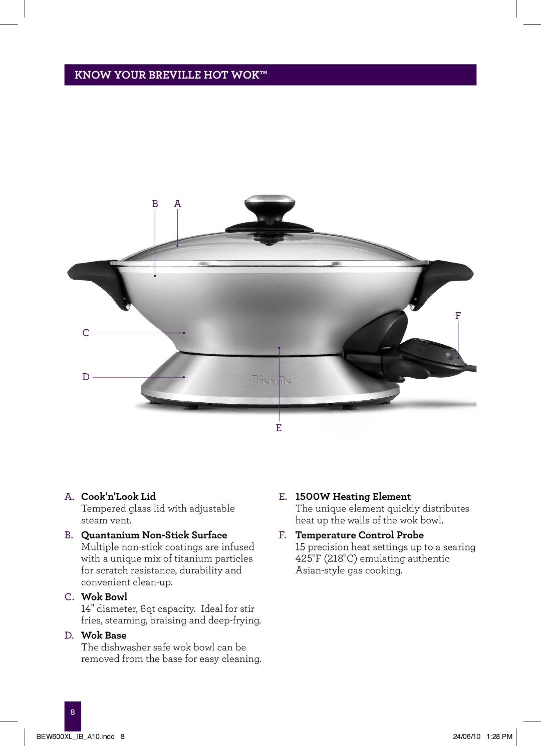 Breville BEW600XL manual Know Your Breville Hot Wok, CooknLook Lid 1500W Heating Element, Wok Bowl, Wok Base 