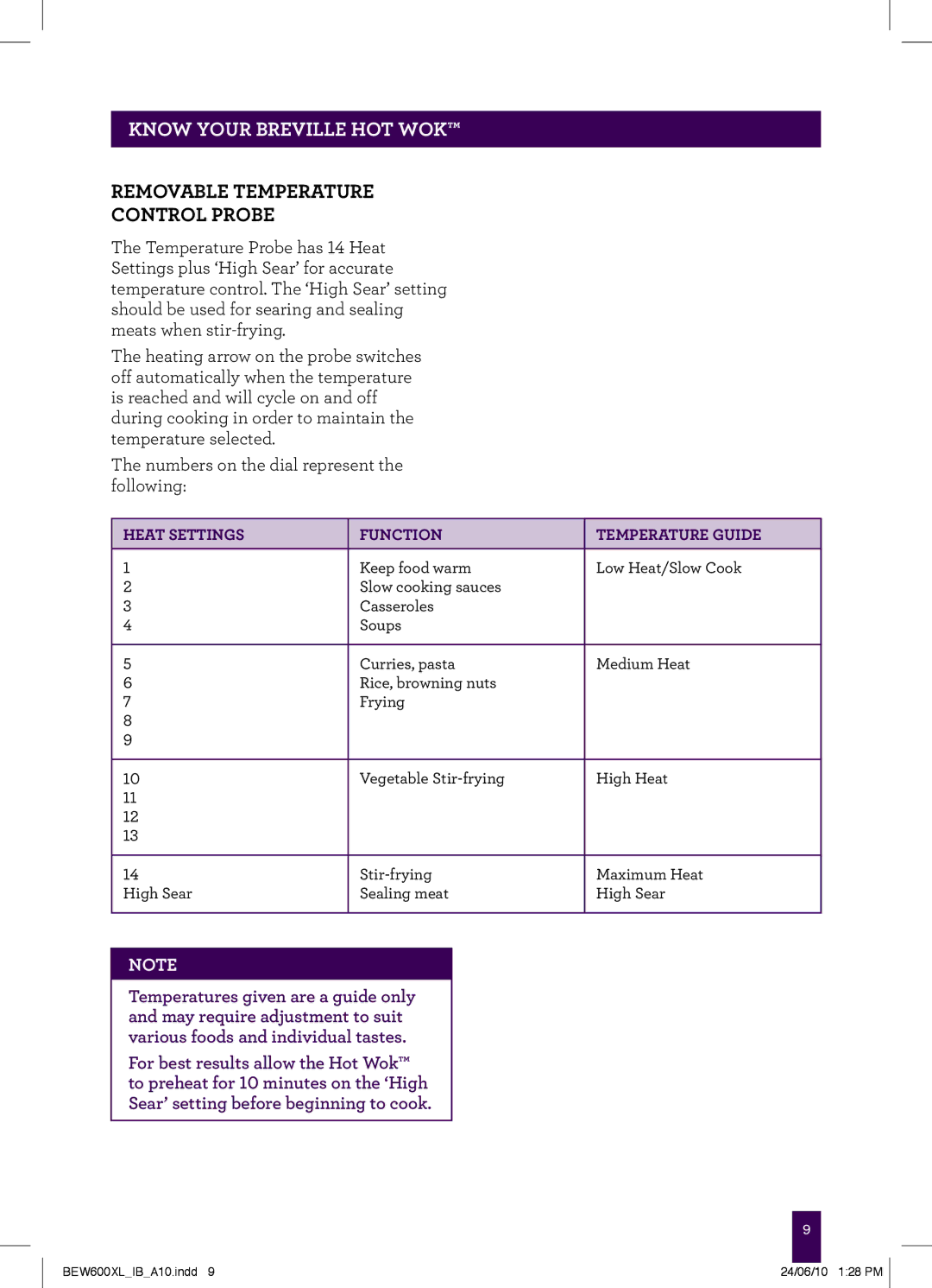 Breville BEW600XL manual Removable Temperature Control Probe, Heat settings Function Temperature guide 