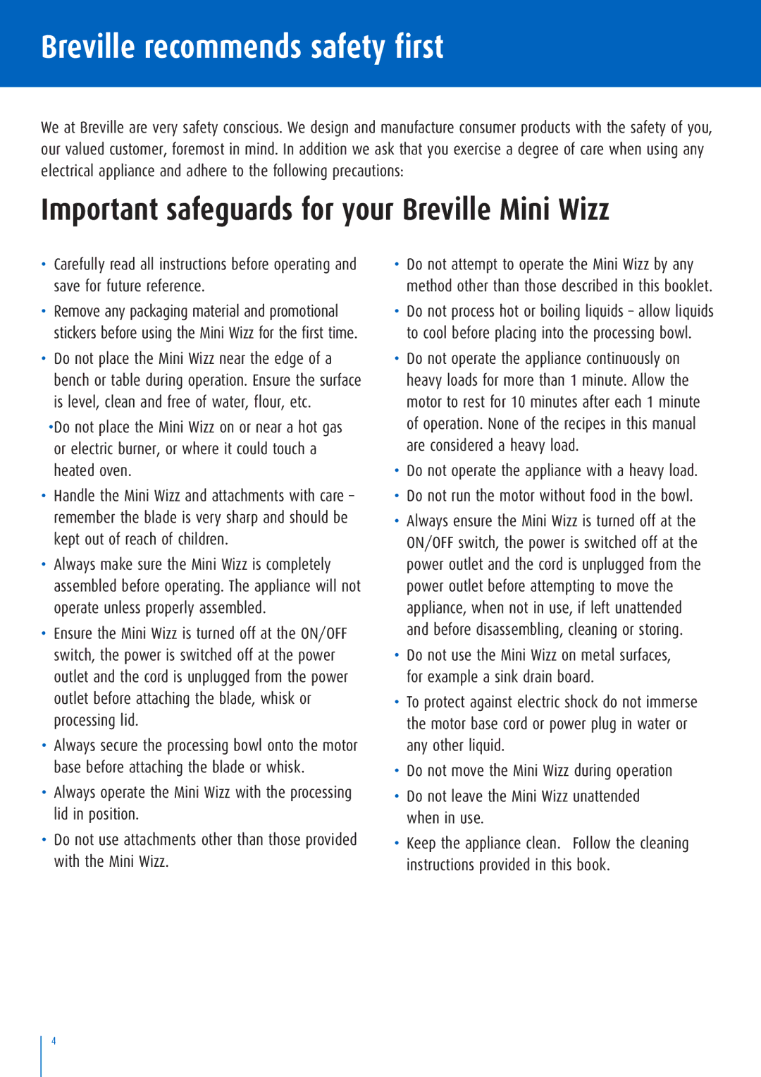 Breville BFP100 manual Breville recommends safety first, Important safeguards for your Breville Mini Wizz 