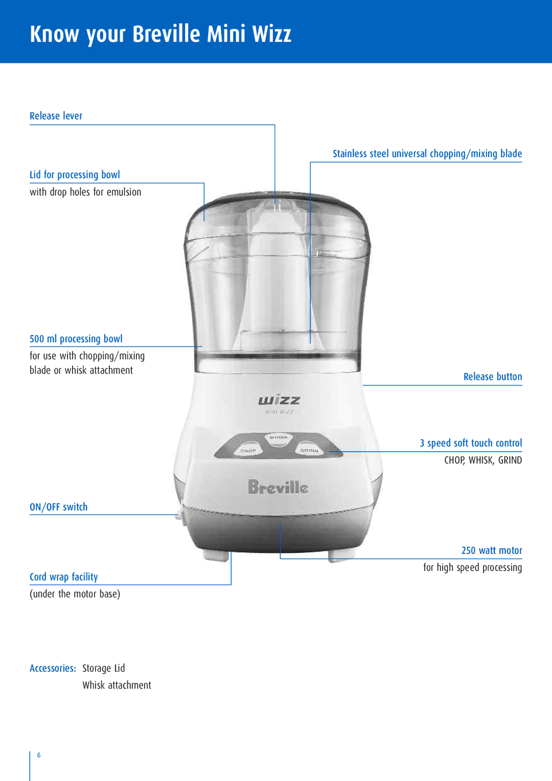 Breville BFP100 manual Know your Breville Mini Wizz 