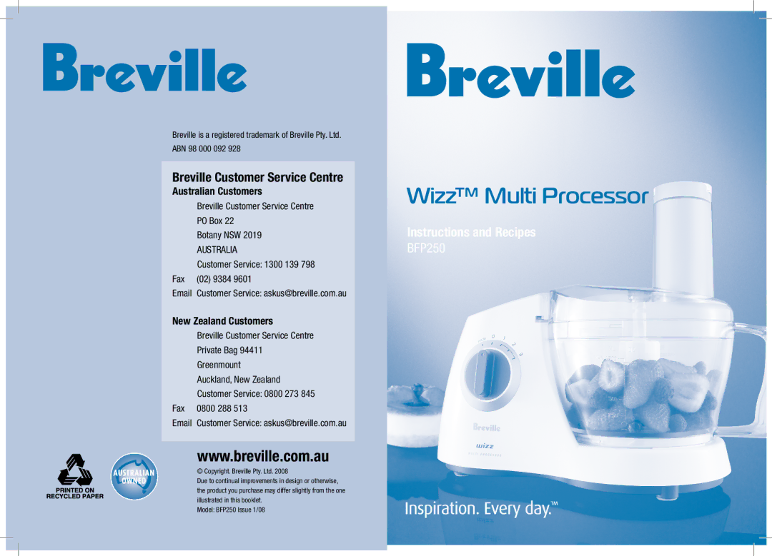 Breville BFP250 manual Wizz Multi Processor 