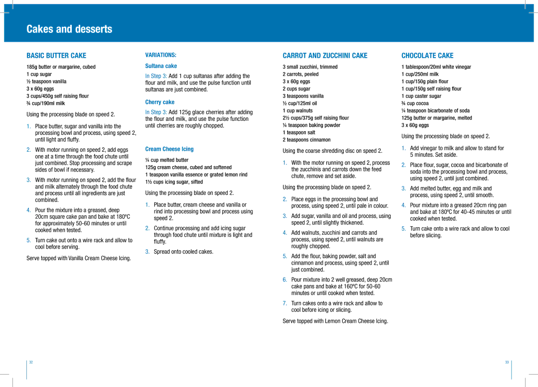 Breville BFP250 manual Cakes and desserts, Basic butter cake, Carrot and zucchini cake, Chocolate cake 
