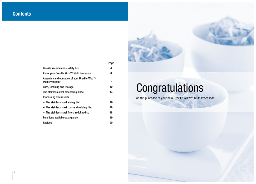 Breville BFP250 manual Congratulations, Contents 