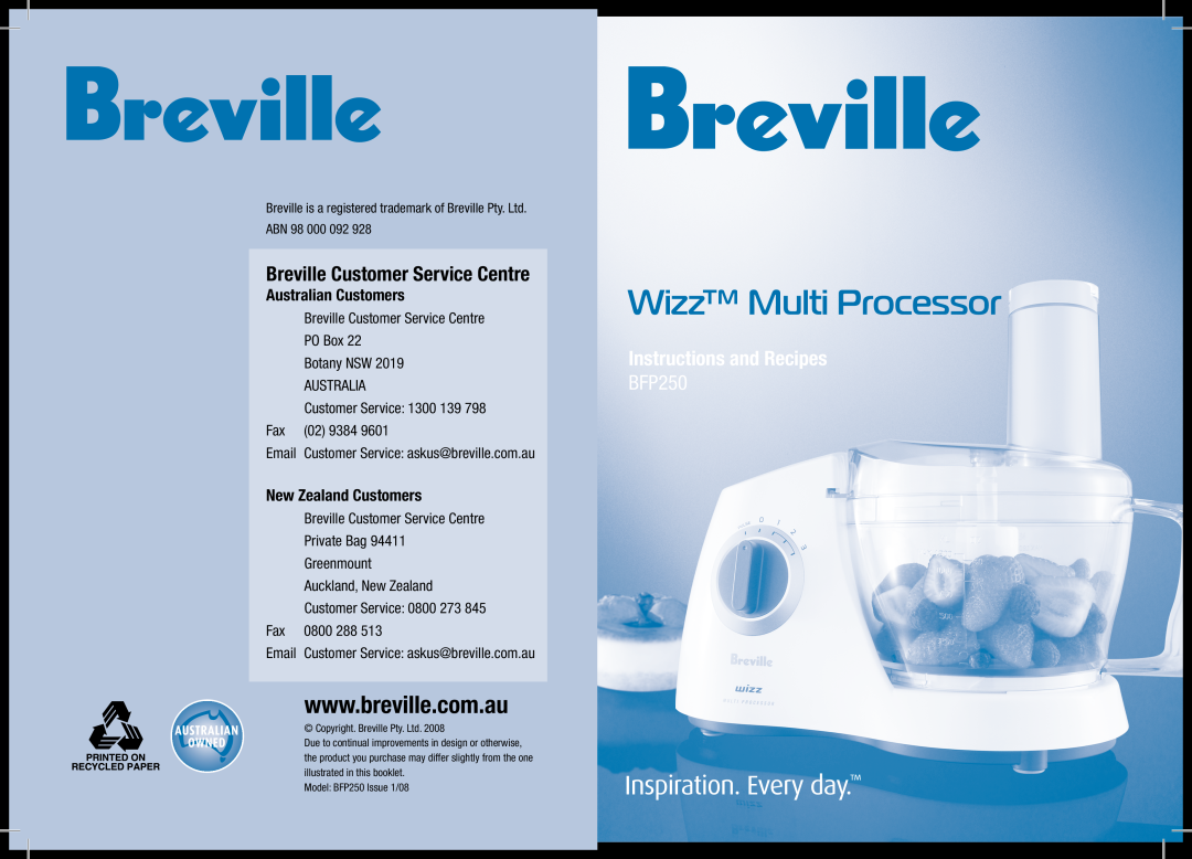 Breville BFP250 manual Instructions and Recipes, Australian Customers, New Zealand Customers, Wizz Multi Processor 