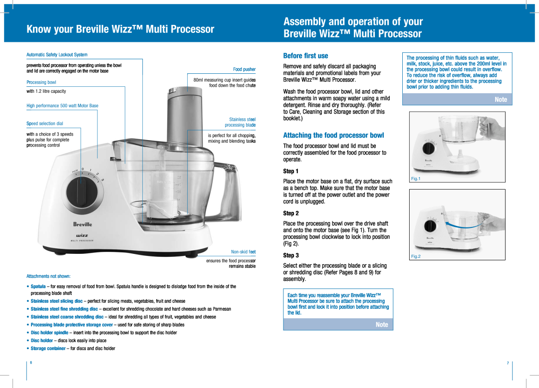 Breville BFP250 Know your Breville Wizz Multi Processor, Assembly and operation of your Breville Wizz Multi Processor 