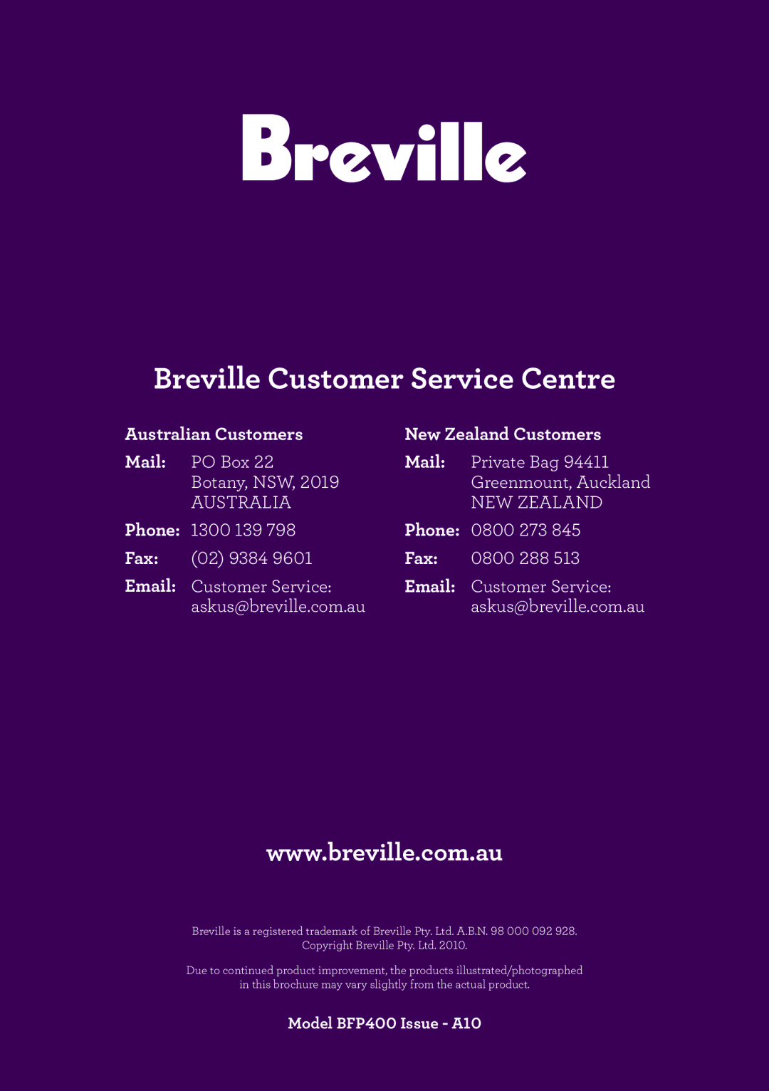 Breville BFP400 brochure Breville Customer Service Centre 