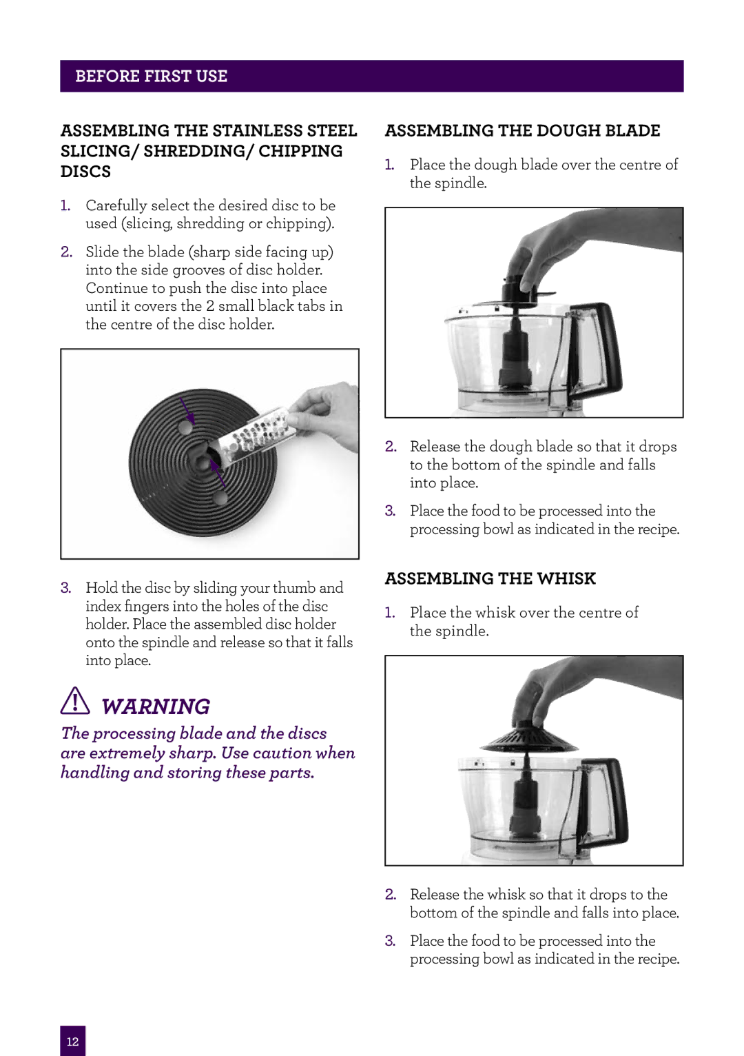 Breville BFP400 brochure Assembling the Dough Blade, Assembling the Whisk 