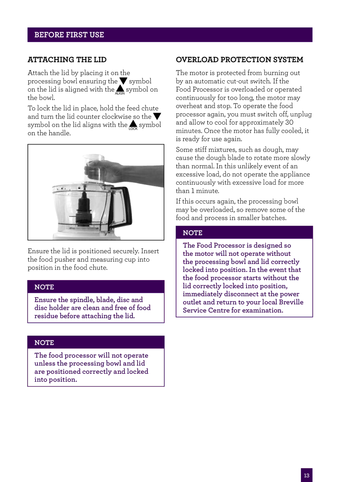 Breville BFP400 brochure Attaching the lid, Overload protection system 