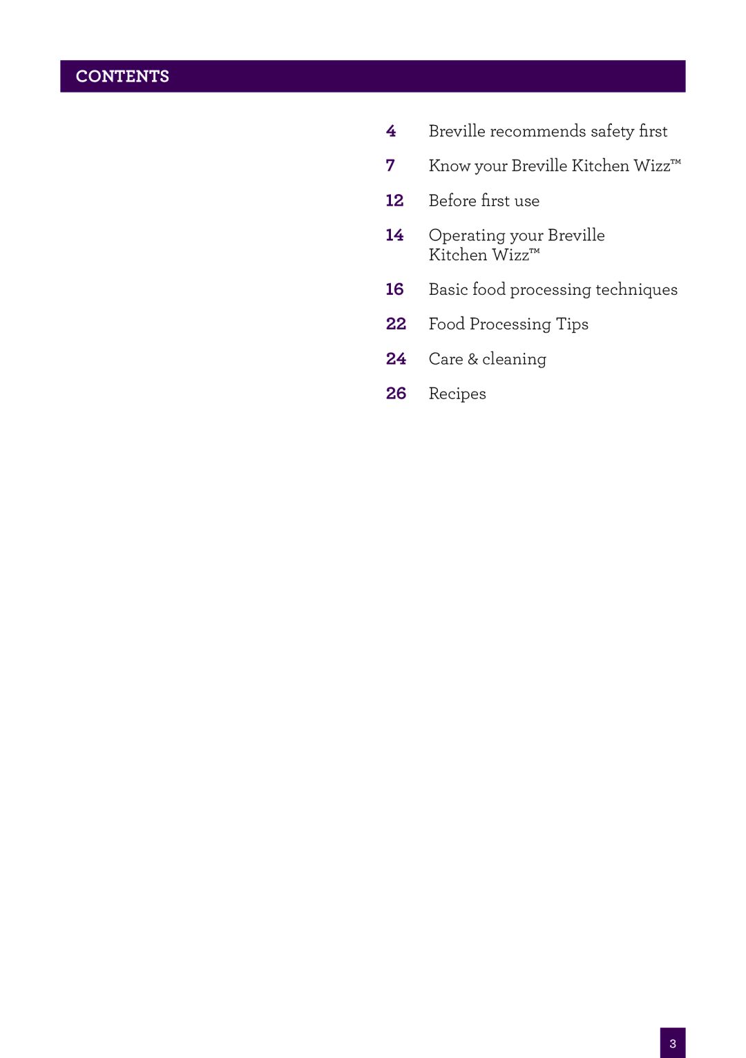 Breville BFP400 brochure Contents 