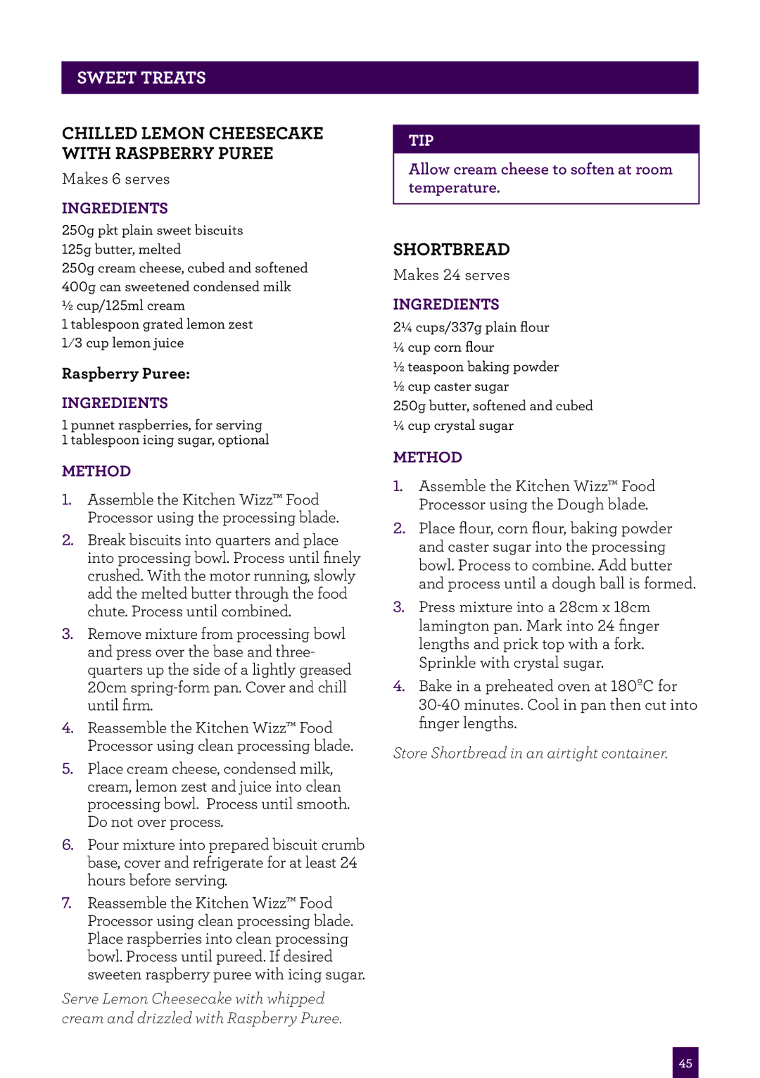 Breville BFP400 brochure Chilled lemon cheesecake with Raspberry Puree, Shortbread 