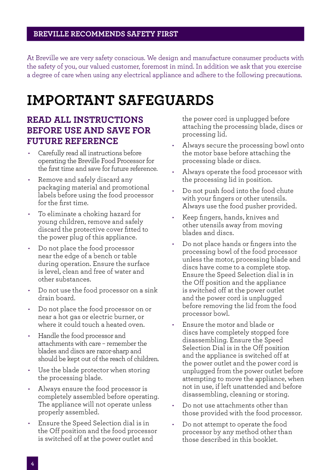 Breville BFP400 brochure Important safeguards 