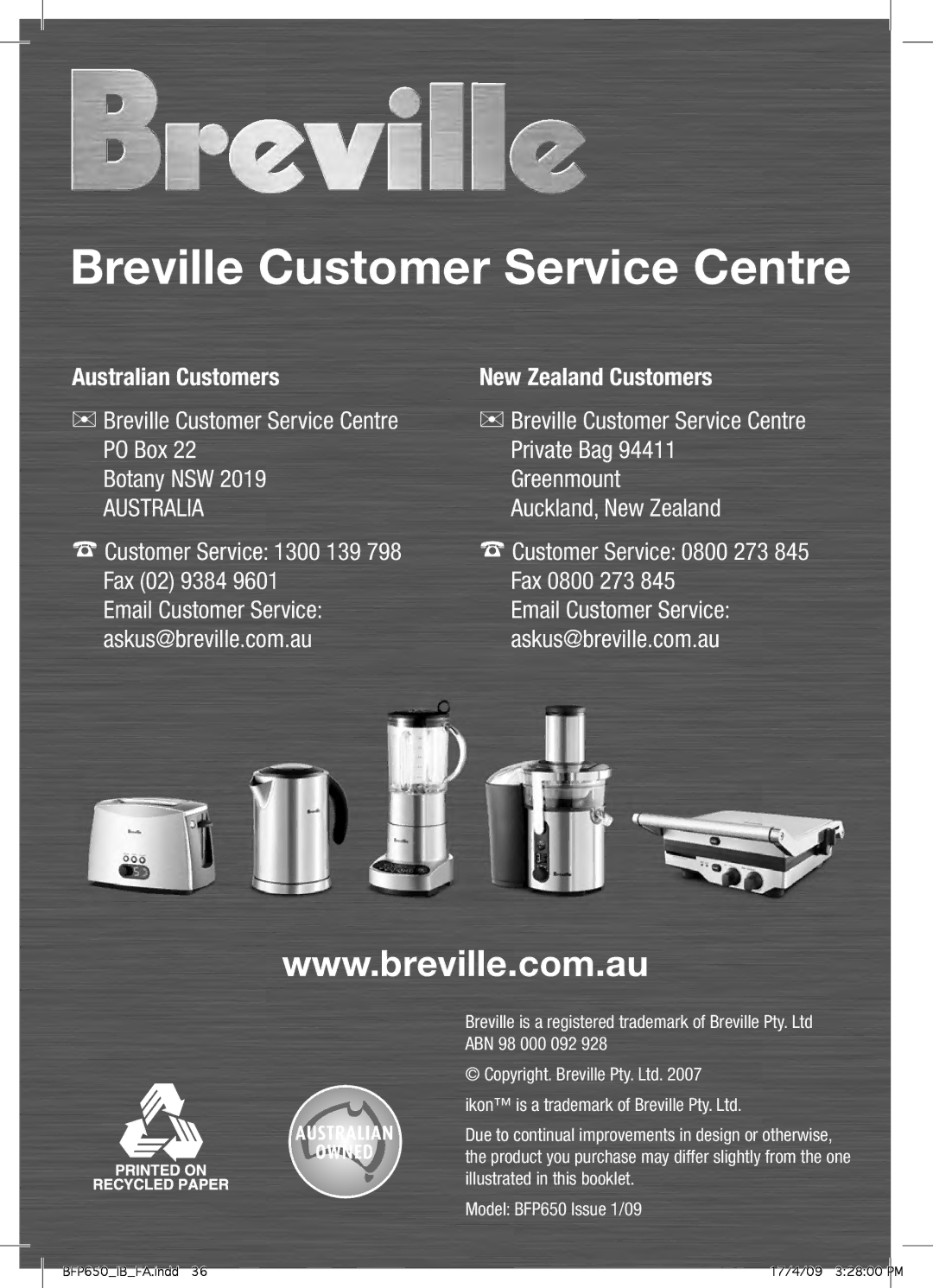 Breville BFP650 manual Breville Customer Service Centre 