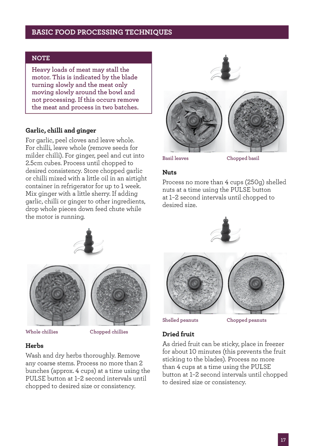 Breville BFP800 manual Garlic, chilli and ginger, Nuts, Herbs, Dried fruit 