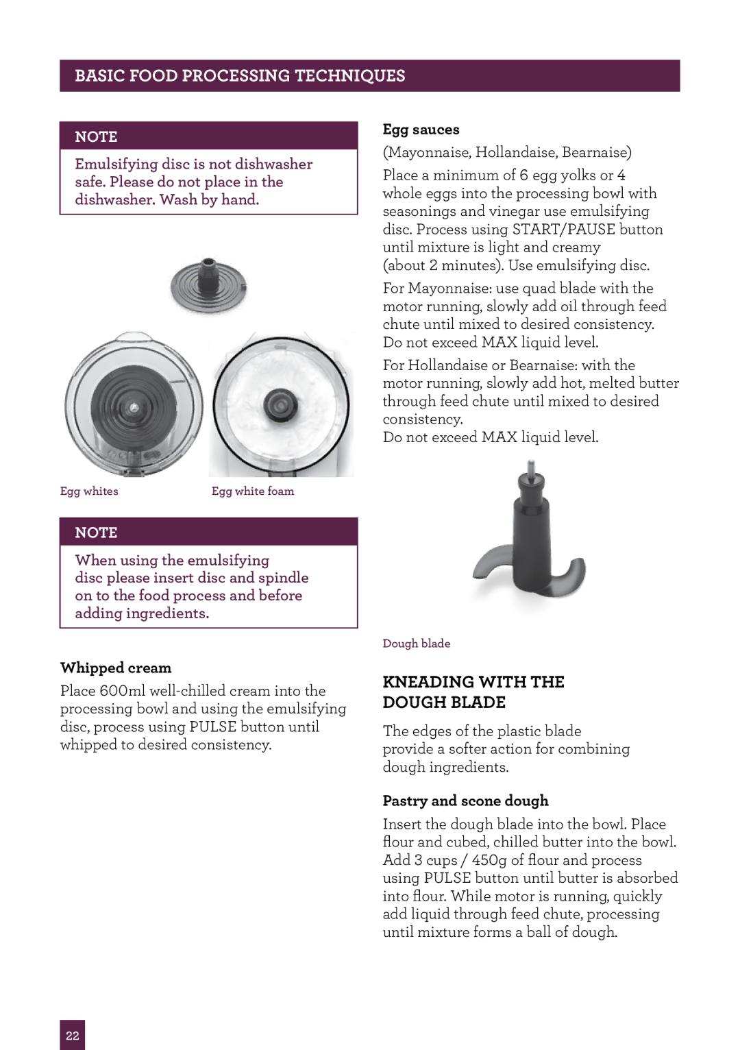 Breville BFP800 manual Kneading with the dough blade, Egg sauces, Whipped cream, Pastry and scone dough 
