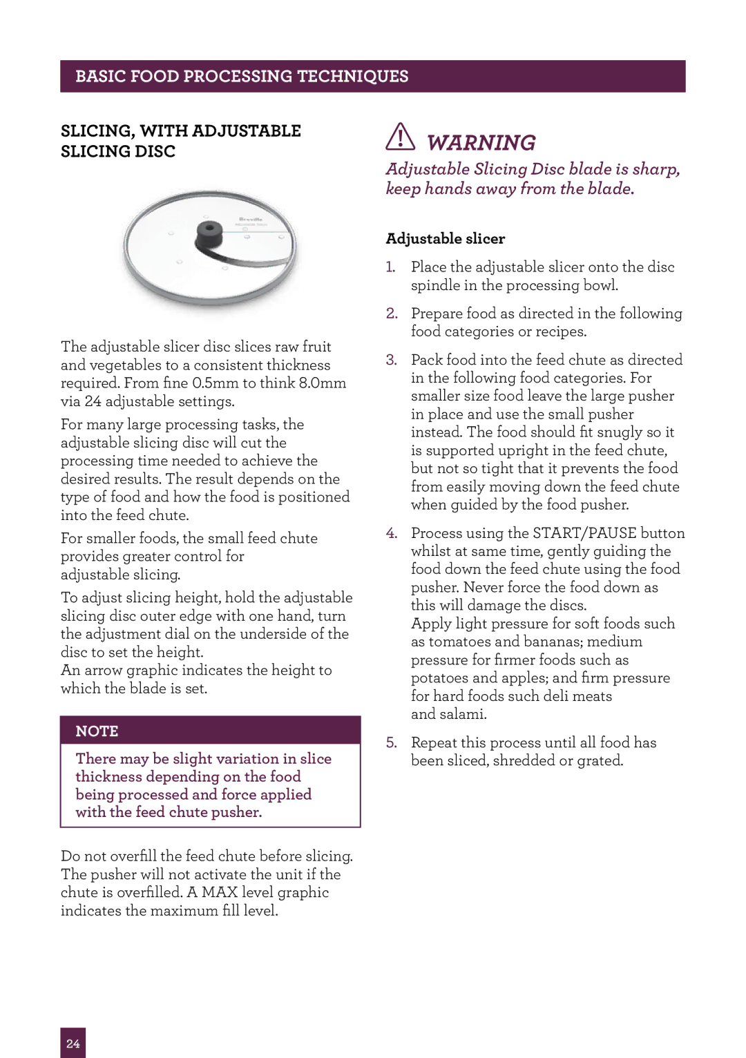 Breville BFP800 manual Slicing, with adjustable slicing disc, Adjustable slicer 