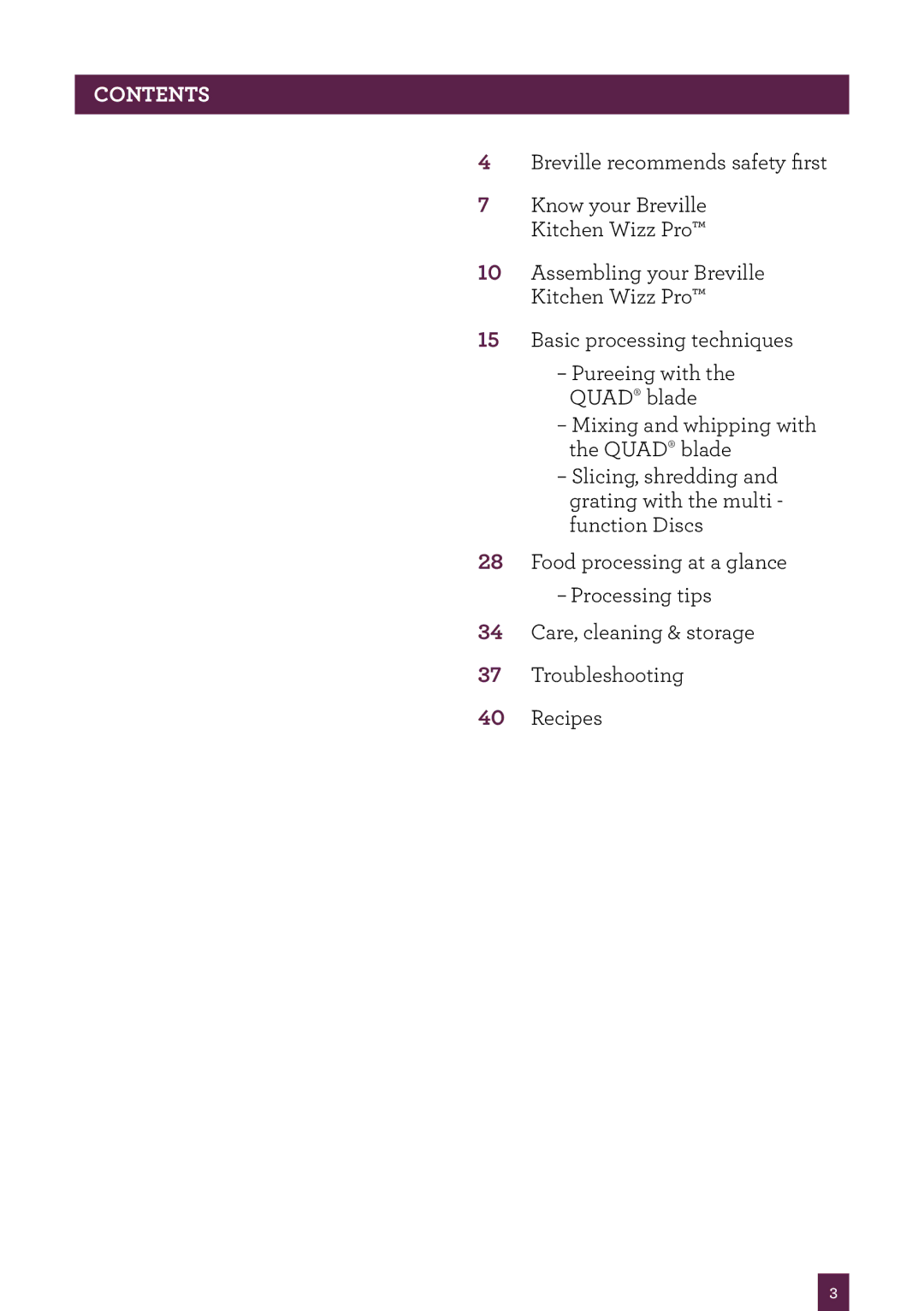 Breville BFP800 manual Contents 