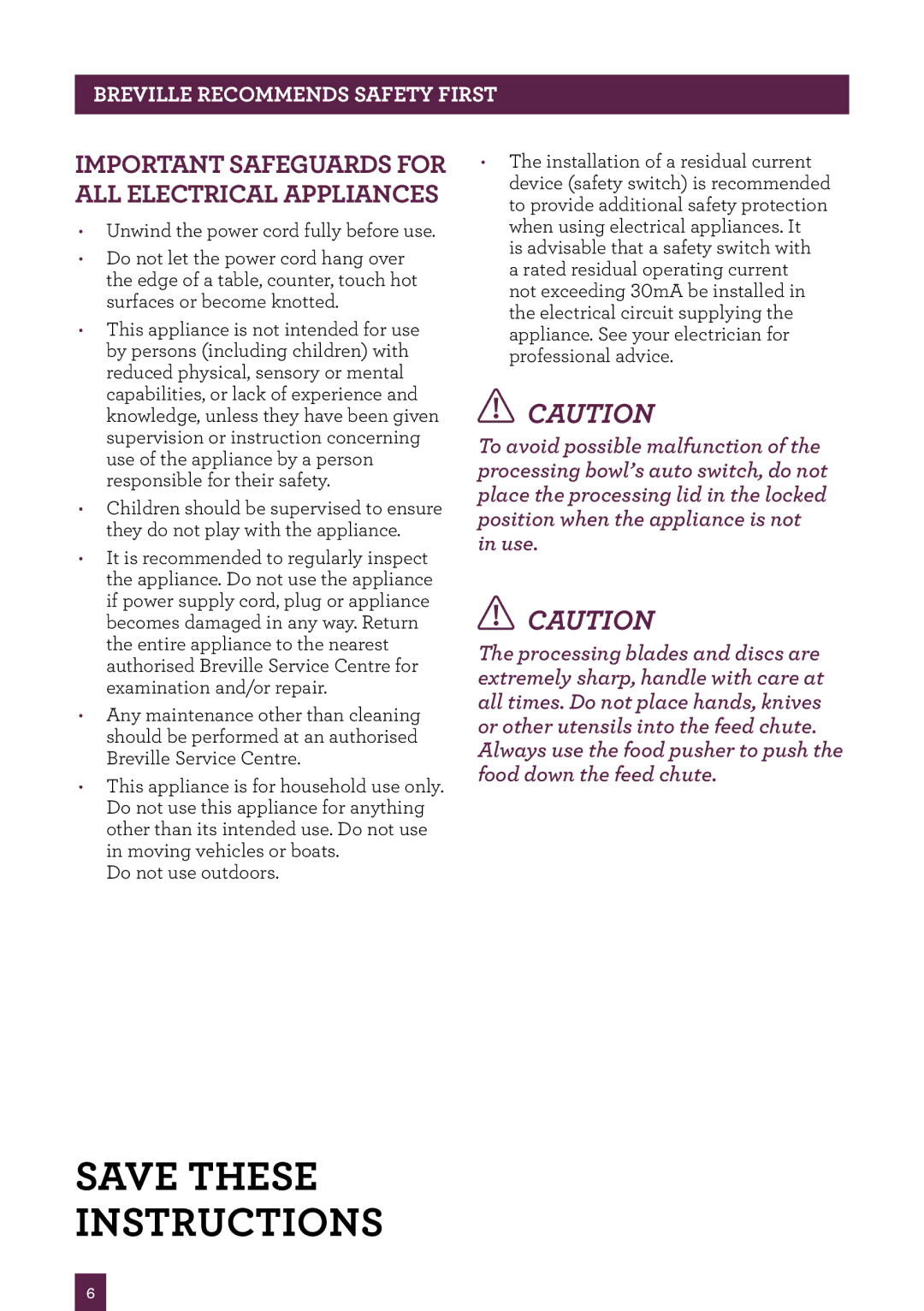 Breville BFP800 manual Important Safeguards for ALL Electrical Appliances 