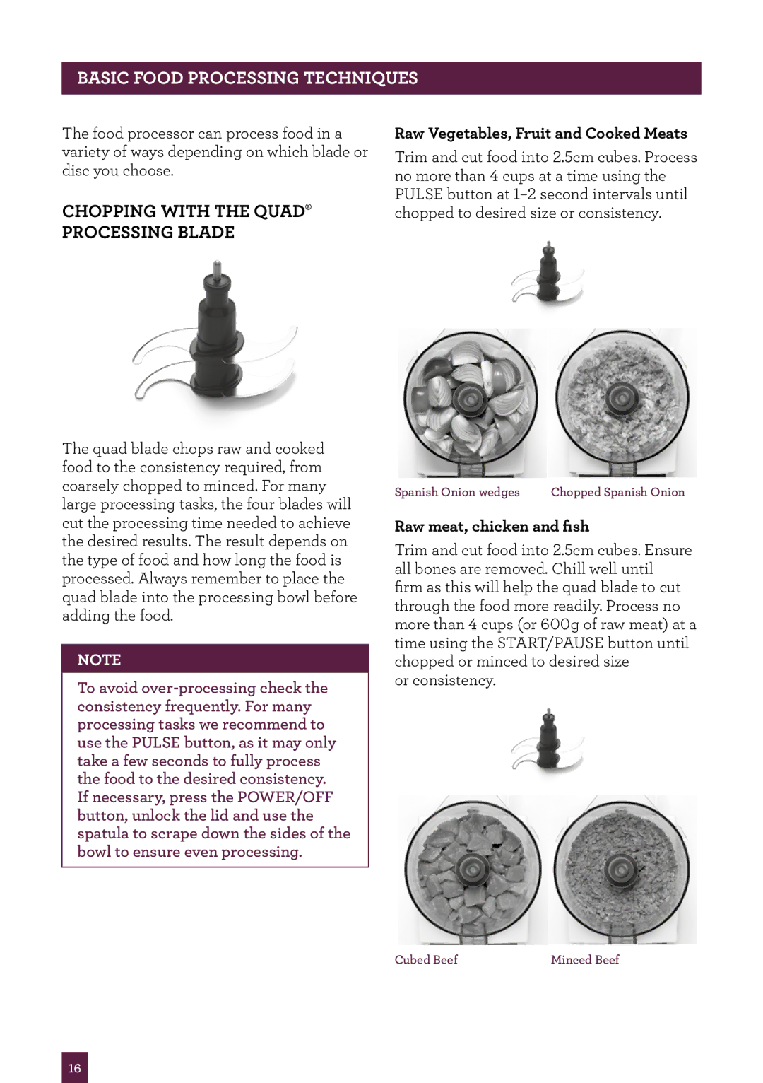 Breville BFP800 manual Chopping with the QUAD‰ Processing blade, Raw Vegetables, Fruit and Cooked Meats 