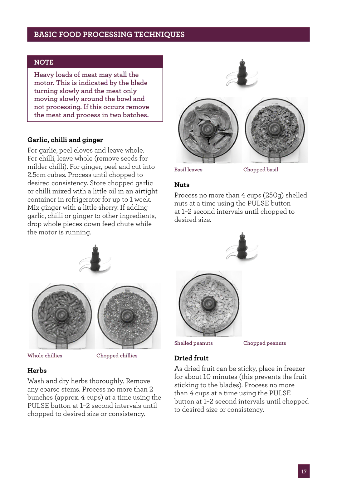 Breville BFP800 manual Garlic, chilli and ginger, Nuts, Herbs, Dried fruit 
